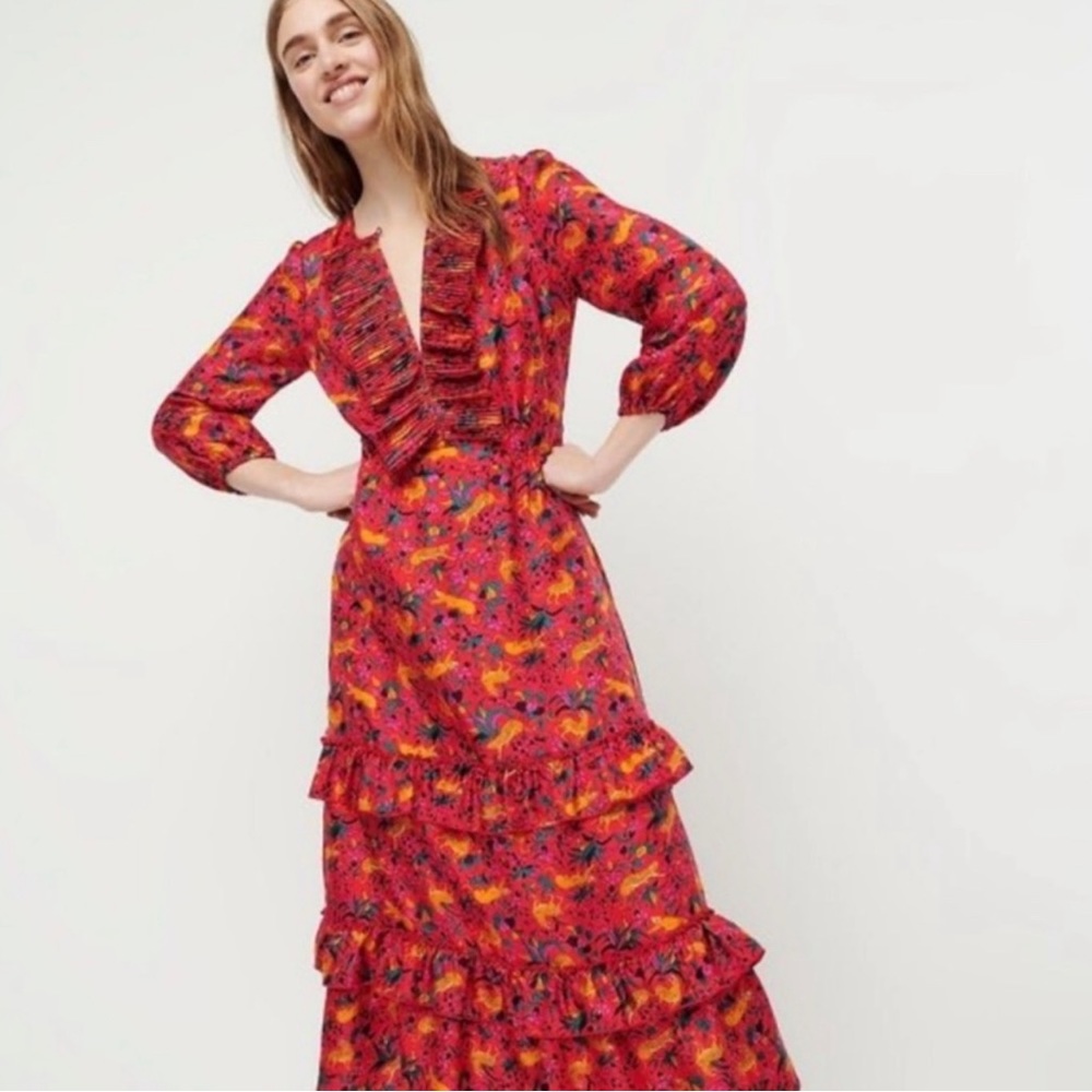 J. Crew Collection Red Silk Tiger Jungle Cat
Ruffle Tier Dress